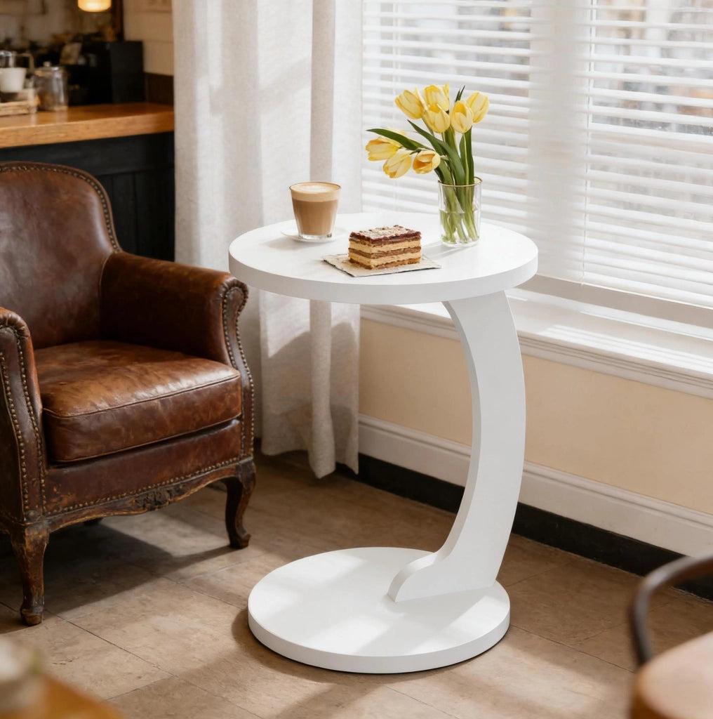 Tavolino laterale rotondo a C 38 x 55 cm in MDF bianco