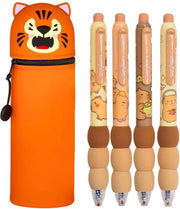 Etui 2-in-1 in silicone morbido, 4-pack di penne per animali con gomma, supporto per scrivania con penne gel inchiostro nero 0,5 mm per ragazze (tigre)