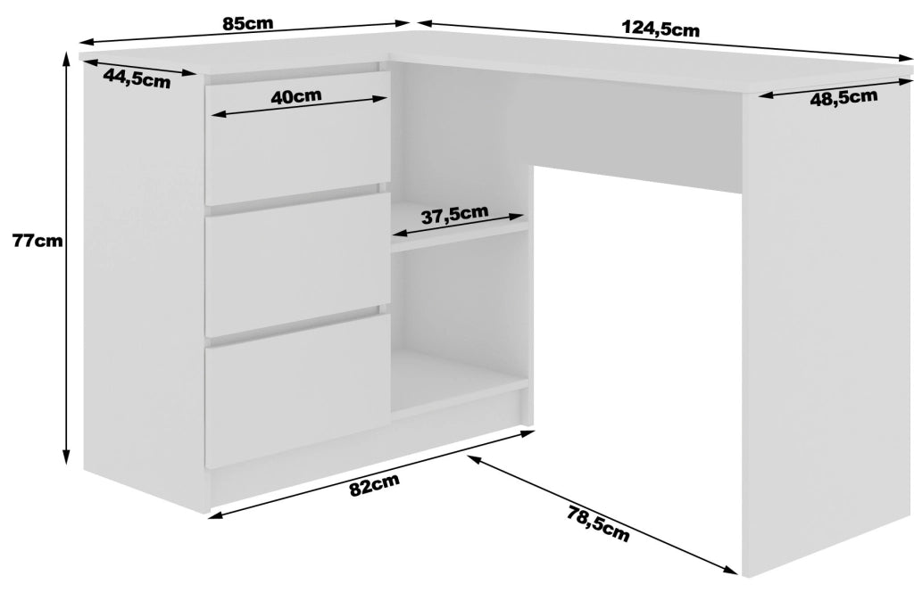 Scrivania angolare AKORD B16 Bianco 124 cm 3 cassetti inserto frontale Sonoma Quercia 124x85x77 cm Modello a sinistra