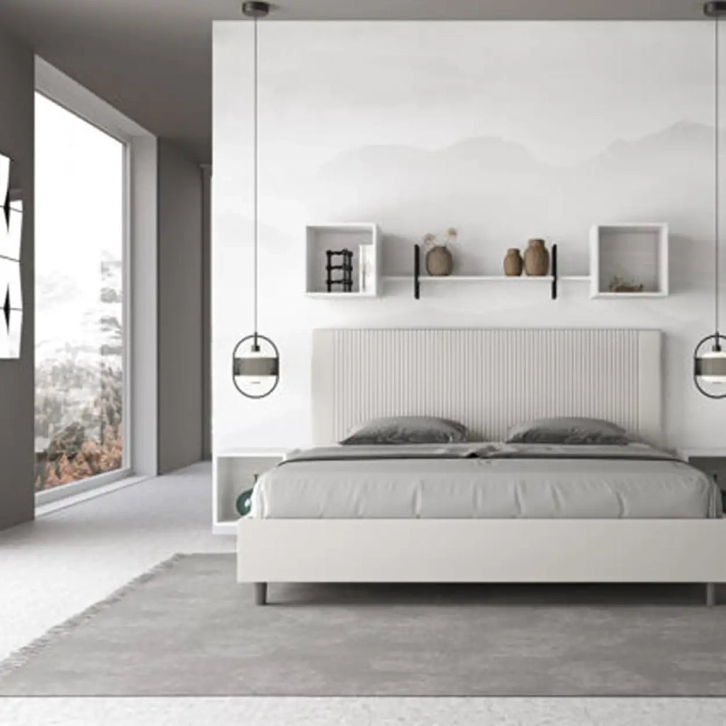 Letto matrimoniale king size con rete imbottito 200x210 similpelle bianco Goya
