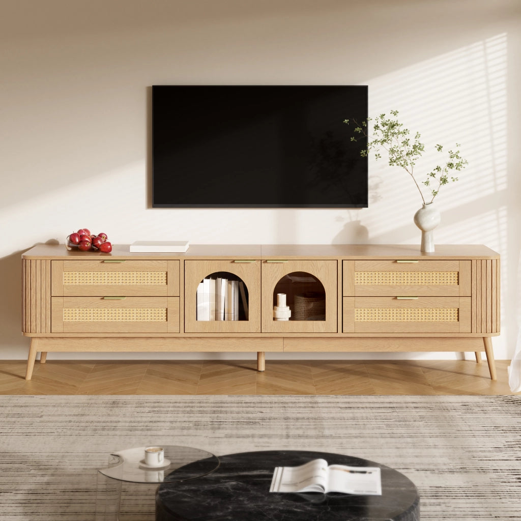 Mobile porta TV con 4 cassetti, 2 ante in vetro temperato, LED con app, in truciolare, naturale, 180 × 40 × 50 cm