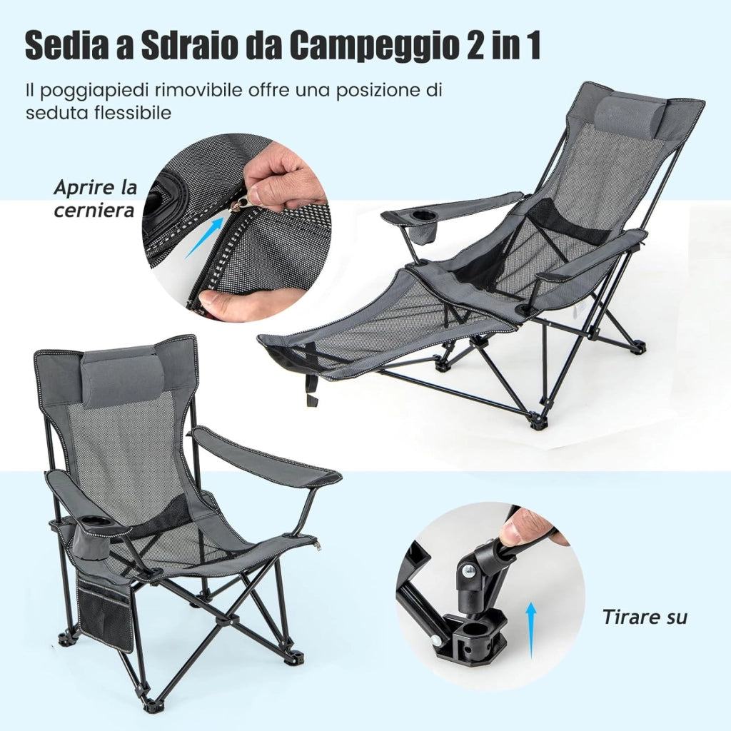 Sedia da Campeggio con Poggiapiedi Rimovibile, Sedie a Sdraio con Schienale Regolabile, Sedia Pieghevole con Borsa Portaoggetti, per Pesca, Campeggio, Picnic(Grigio)