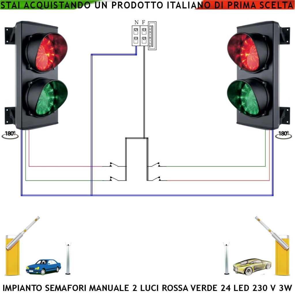 Impianto Semaforo Funzione Manuale 2 Semafori 24 Led Rossi 24 Led Verdi 230 V 50 Hz 3 W Frontalino Vetro Luce Puntiforme Ø 124 mm IP65 Orientabile 180° Controllo Autolavaggi Pesatura Automezzi Garage