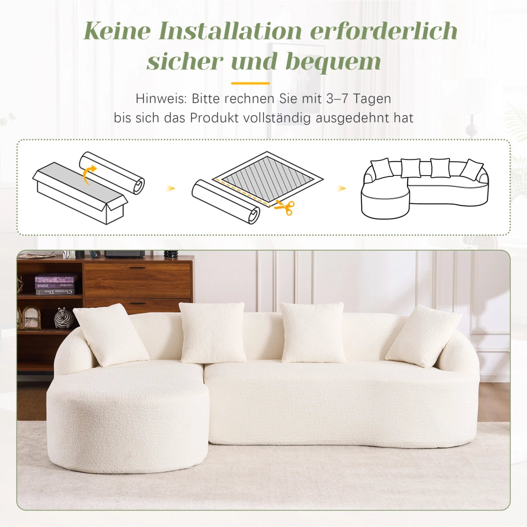 Divano angolare curvo modulare con seduta confortevole e montaggio senza attrezzi in chenille bianco 243 × 150 × 67 cm
