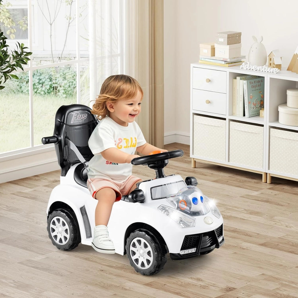 3 in 1 Auto a Spinta, Macchinina da Passeggio con Clacson, Musica, Luci, Cintura di Sicurezza, Tettuccio e Manico, Macchina Cavalcabile per Bambini 1+ Anni (Bianco)