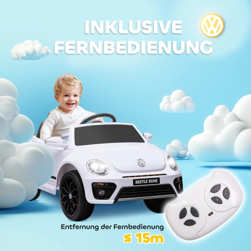Macchina elettrica per bambini, modello Maggiolino VW, velocit¨¤ 3-5 km/h, con telecomando e musica, colore bianco.