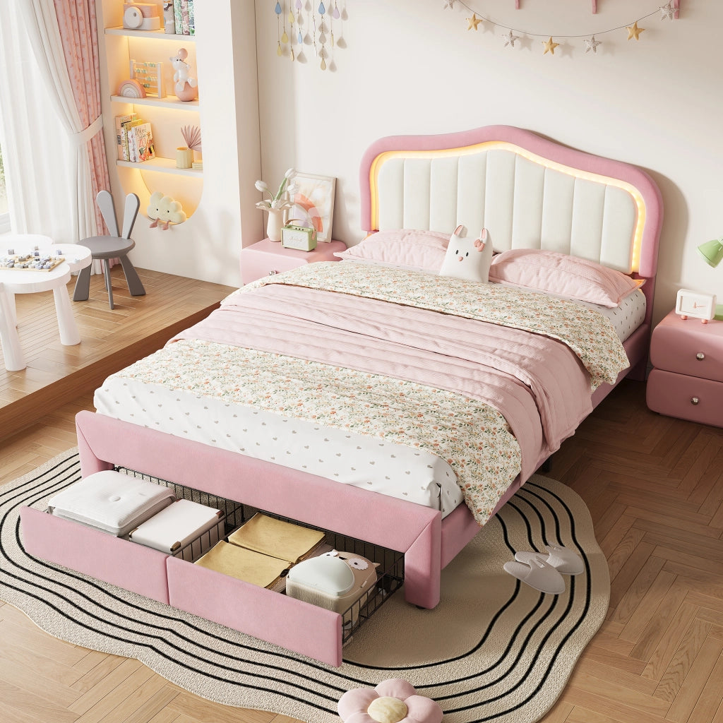 Letto imbottito rosa 140x200 cm con due cassetti LED controllata da app in velluto
