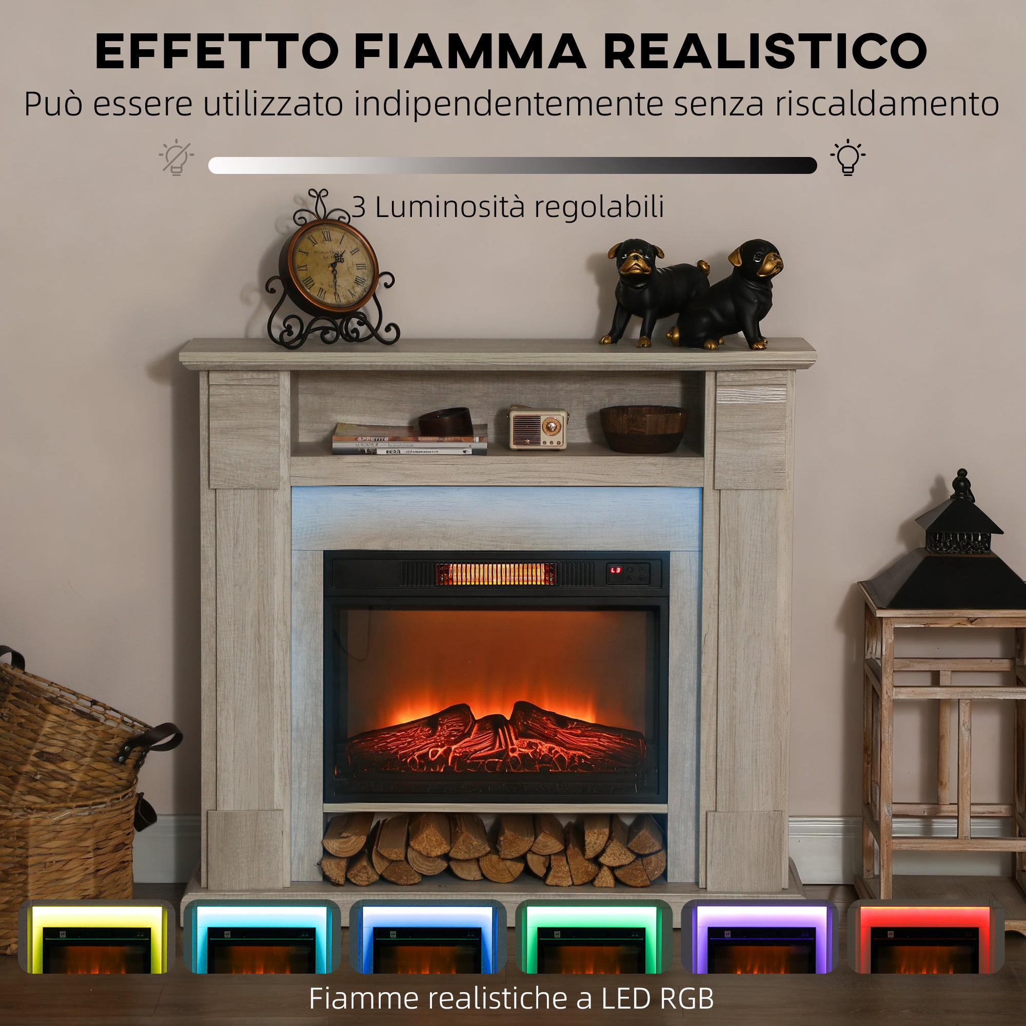 Camino Elettrico da Pavimento 105x27x97 cm 1800W Regolabile con Fiamma 3D Timer e Telecomando color Legno