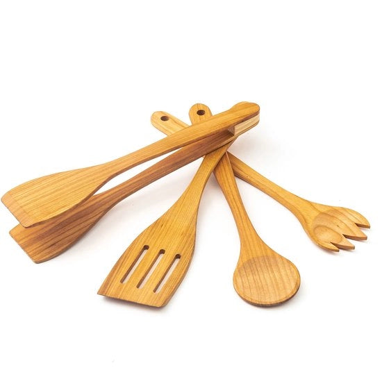 Set di cucchiai da cucina in quercia da cerro (cucchiaio, forchetta, spatola, pinza per griglia)