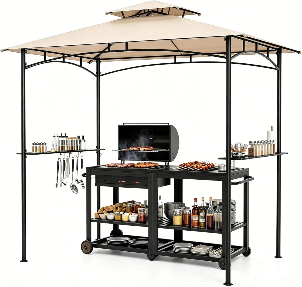 Barbera a doppio tetto, gazebo da giardino esterno per griglia con 2 ripiani e 7 ganci, gazebo da barbecue, per campeggio, picnic, feste, barbecue, barbecue, 240 x 151 x 255 cm (caffè)
