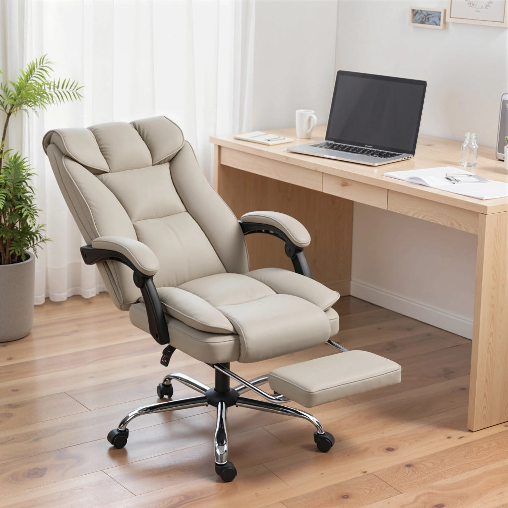 Sedia da Ufficio con Schienale Reclinabile e Poggiapiedi ¨C Minimal ¨C Imbottita in Similpelle, Colore Caqui
