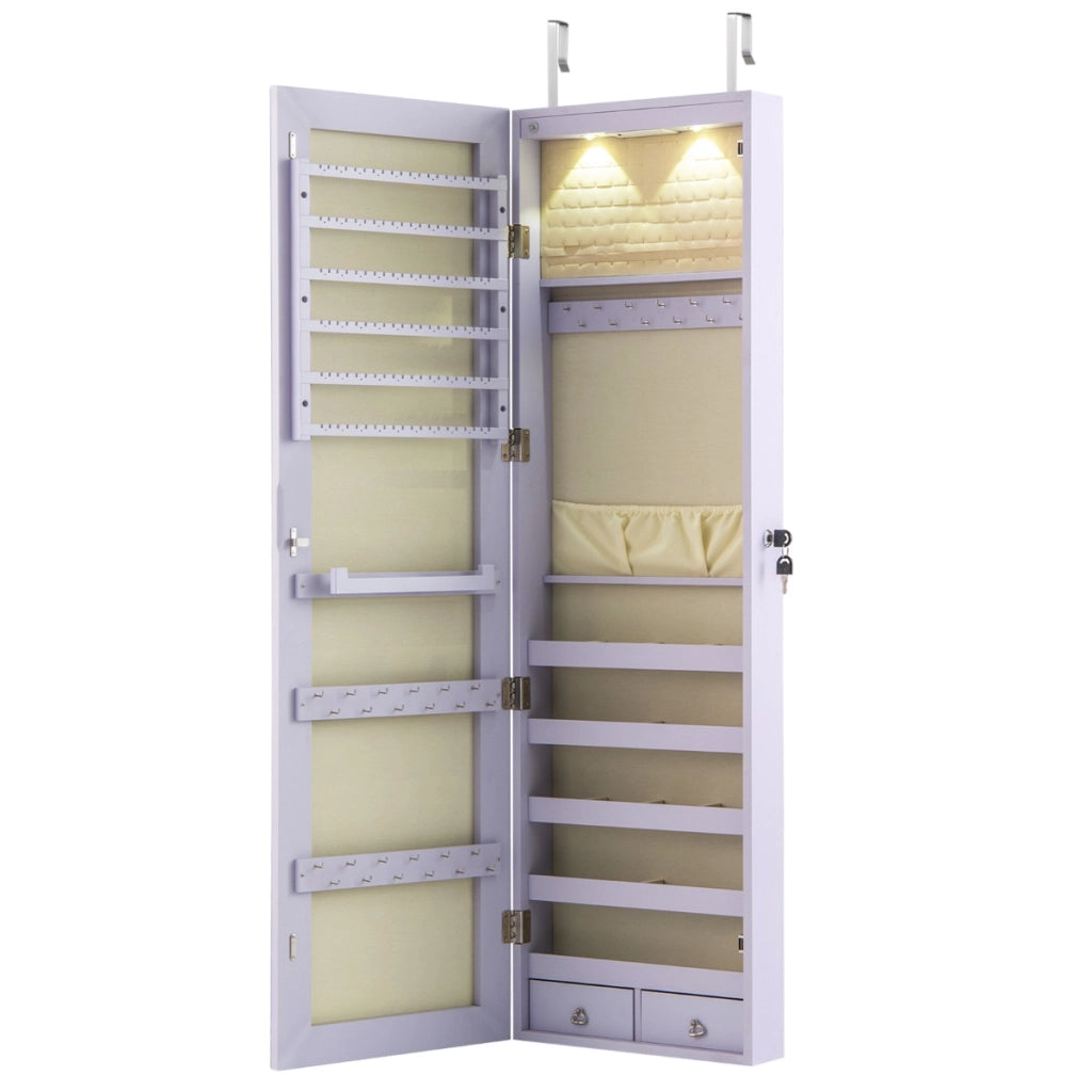 Armadio portagioie con specchio in legno a parete con LED interno 35,5x10x120cm Viola-Armadietti per gioielli