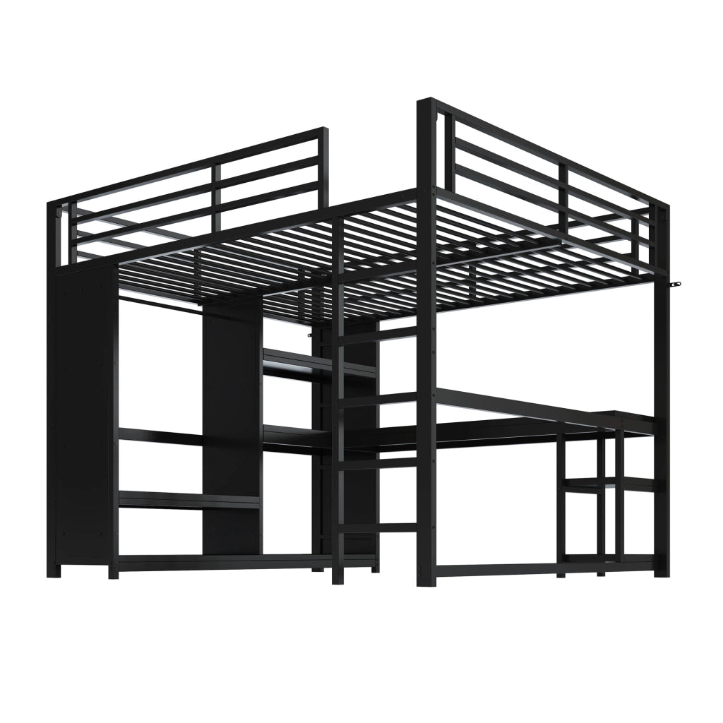 LETTO a soppalco 160x200 cm in metallo nero con scrivania, armadio aperto e LED