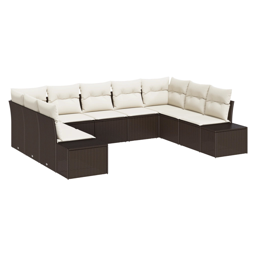 Set di Divani da Giardino 9 Pezzi con Cuscini in Rattan Poliestere Marrone
