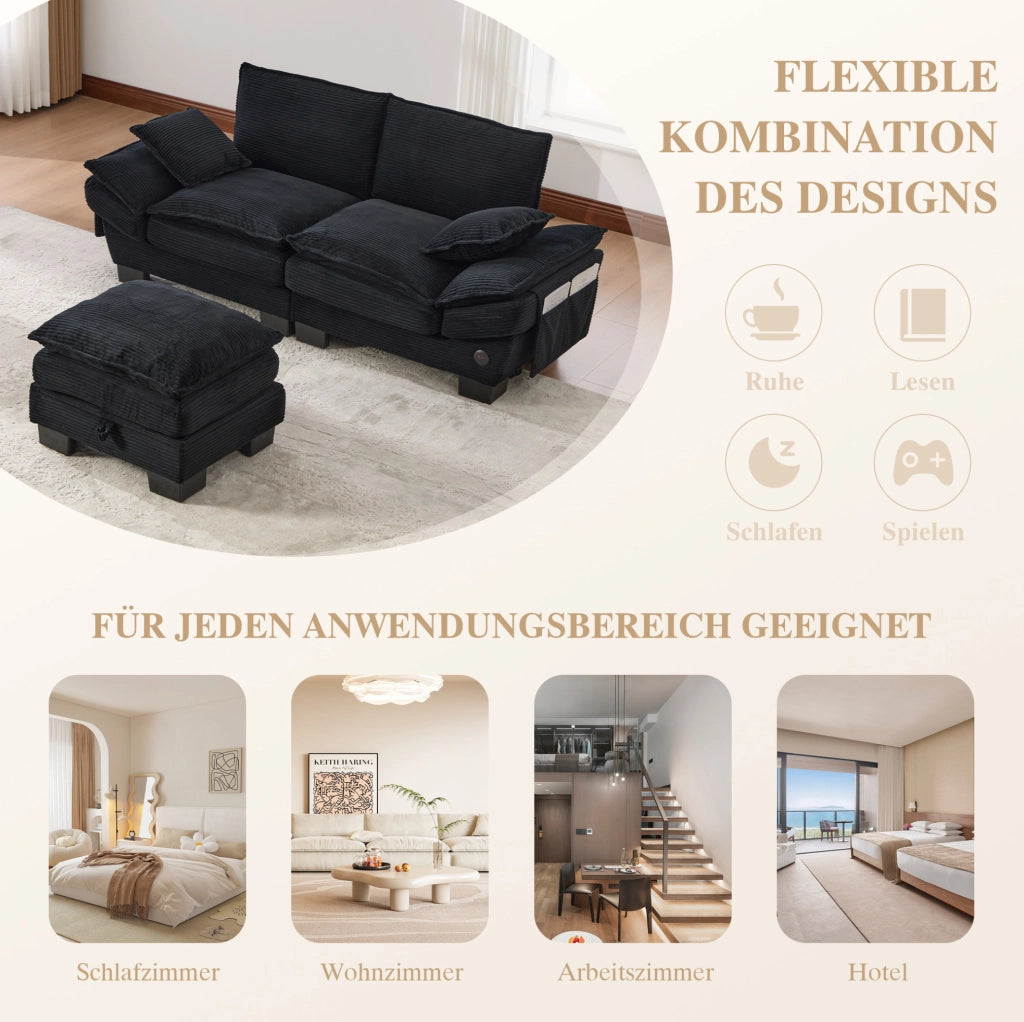 Divano 2 posti con pouf in corduroy nero; USB-C; tasche laterali e vano contenitore 190x132x84 cm
