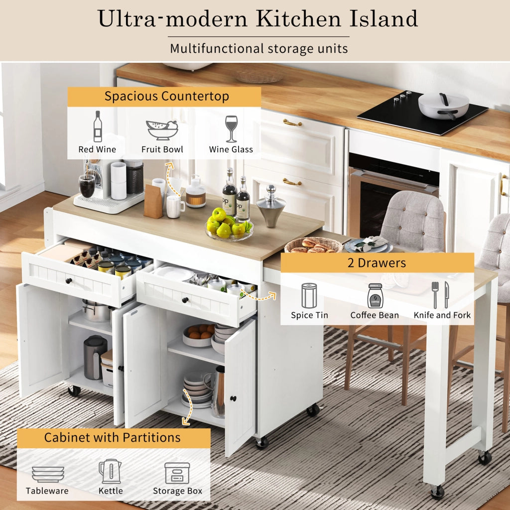 Carrello da Cucina con Cassetti e Piano Estensibile con Ruote per Cucina e Sala da Pranzo in MDF 112-180.5x45x92.2 cm Bianco e Naturale