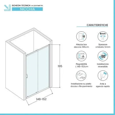 Porta doccia nicchia 150 cm scorrevole trasparente con profilo cromo  Tay