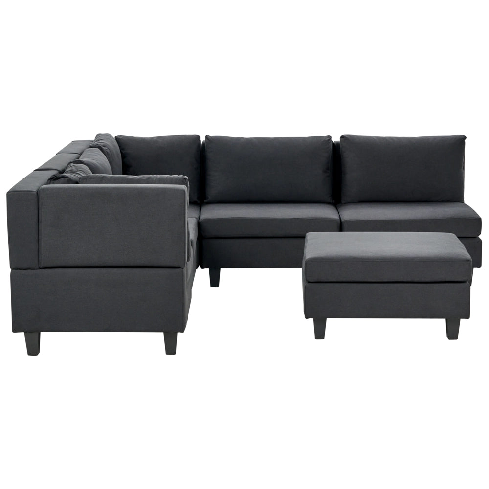 Divano componibile a 5 posti imbottito lato destro in tessuto nero con gambe nere e pouf stile moderno