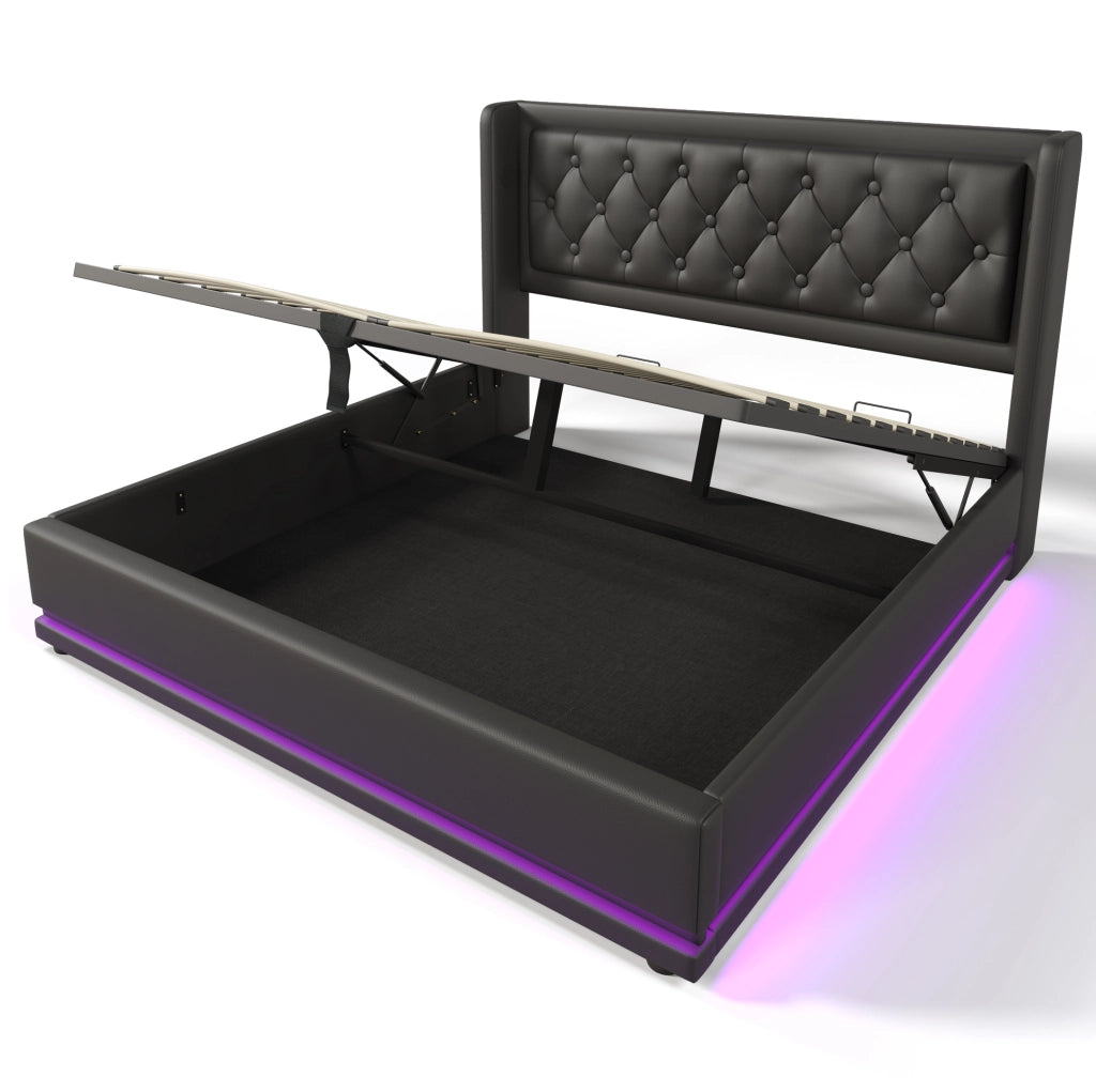 Letto matrimoniale contenitore 140x200 cm in PU nero con USB Type-C e LED