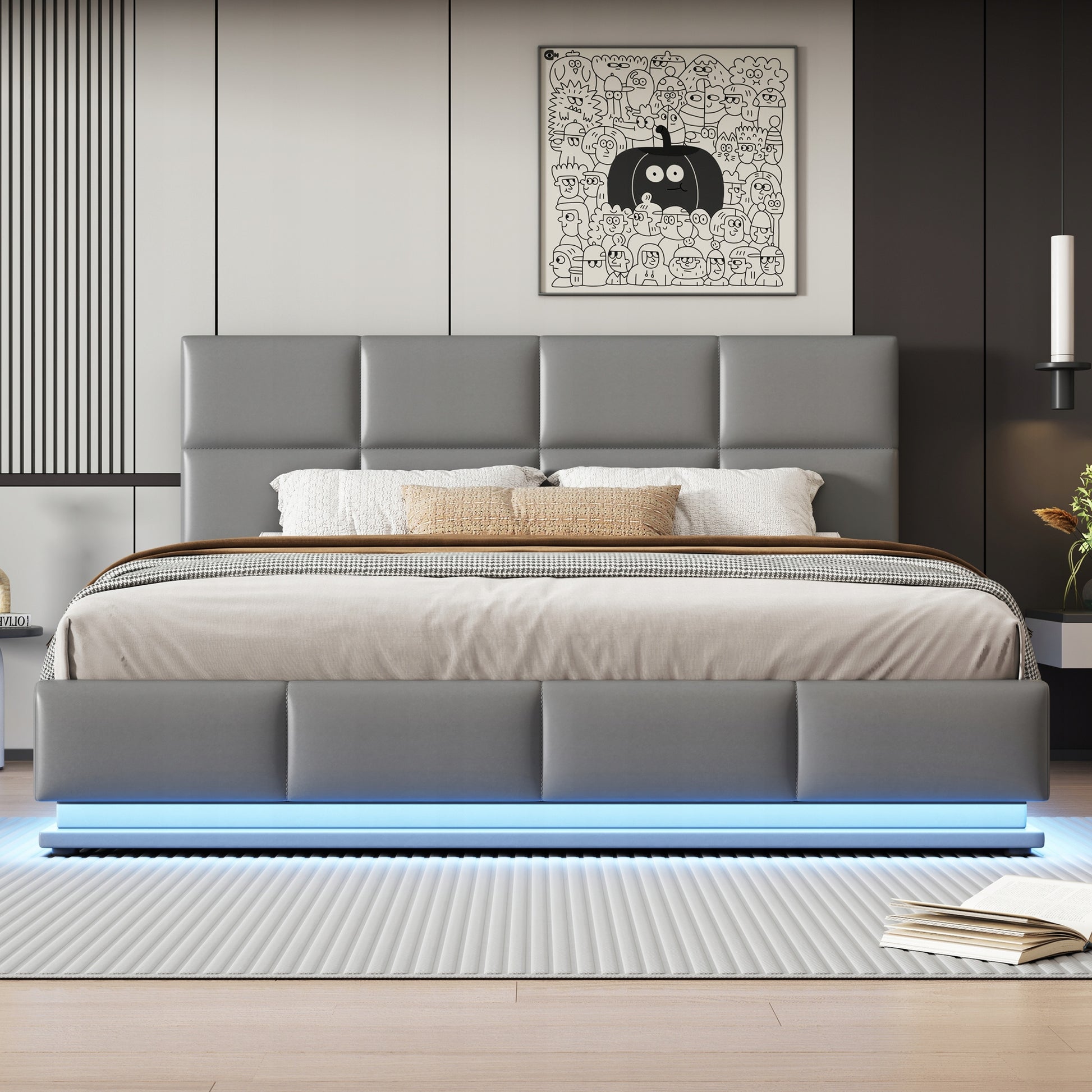 Letto imbottito 180x200 LED - Xylo - Idraulico, colore grigio chiaro