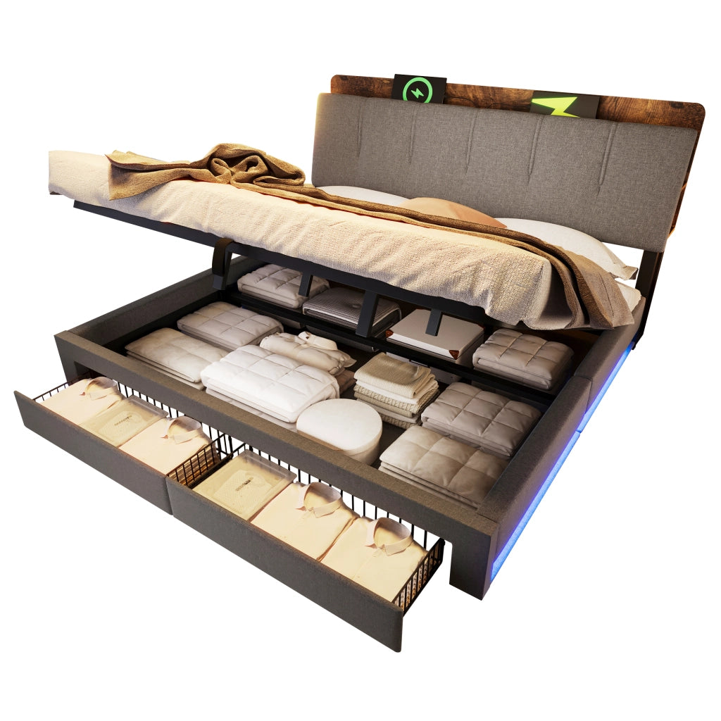 Letto Matrimoniale 180x200 Grigio con Contenitore Idraulico; Cassetti; LED e USB Type-C