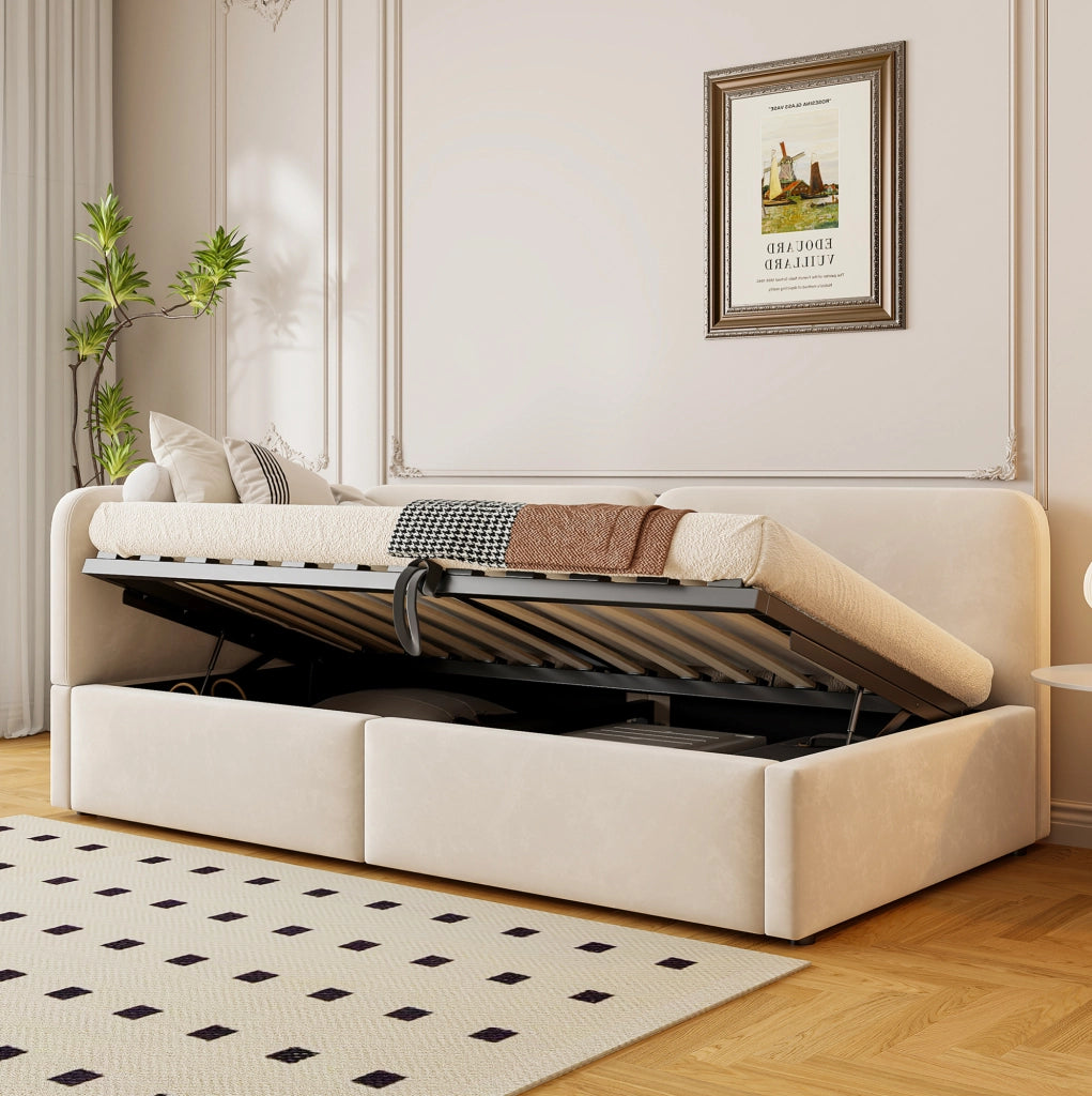 Letto singolo imbottito 90x200 cm in velluto beige con vano contenitore idraulico