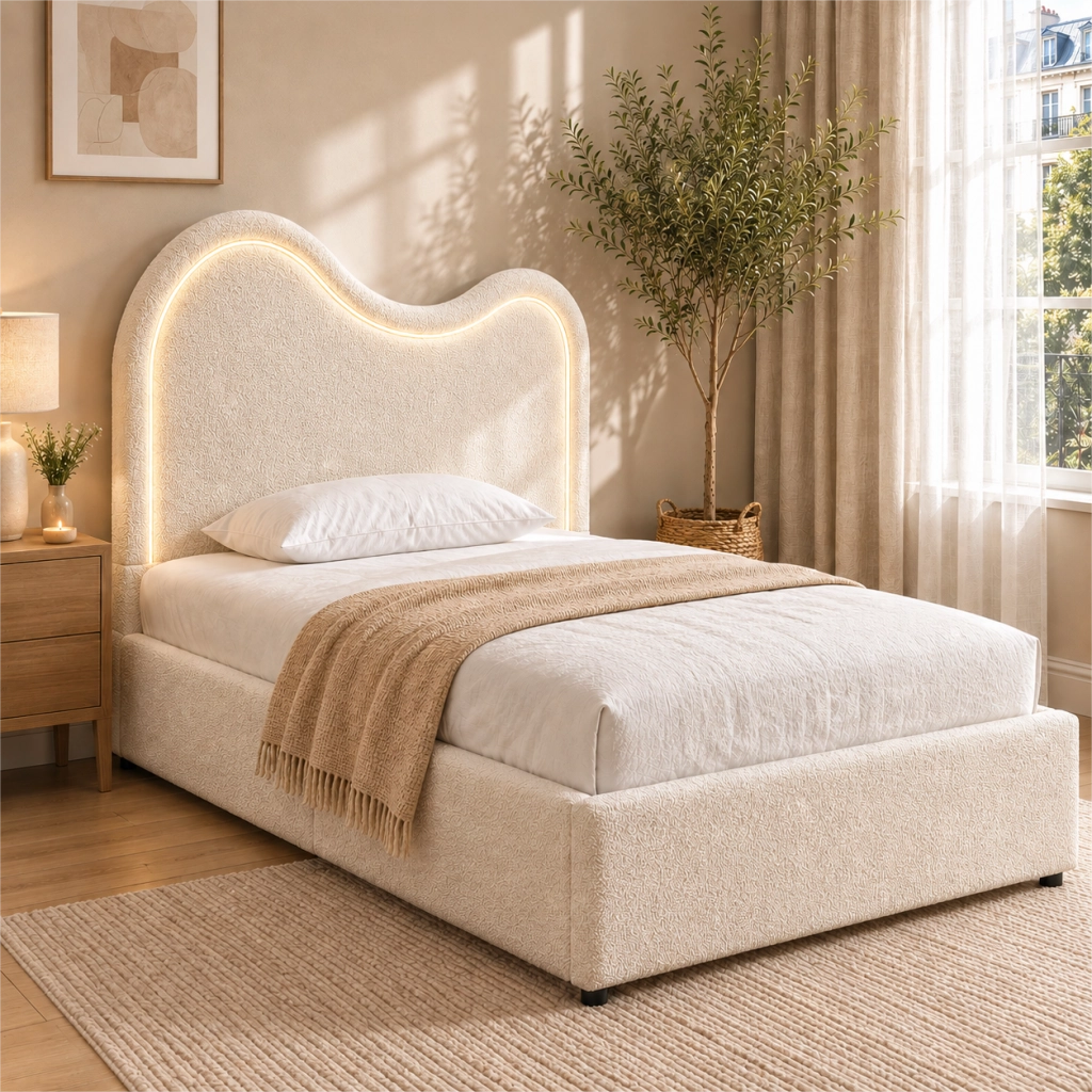 Letto imbottito per bambini con contenitore idraulico, 90x200 cm, bouclé bianco