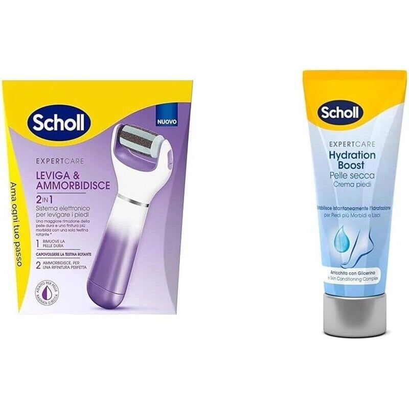 SCHOLL VELVET 2IN1  SISTEMA DI PEDICURE ELETTRONICO PER LEVIGARE TESTINE INTERSCAMBIABILI  SCHOLL CREMA PIEDI HYDRATION BOOST