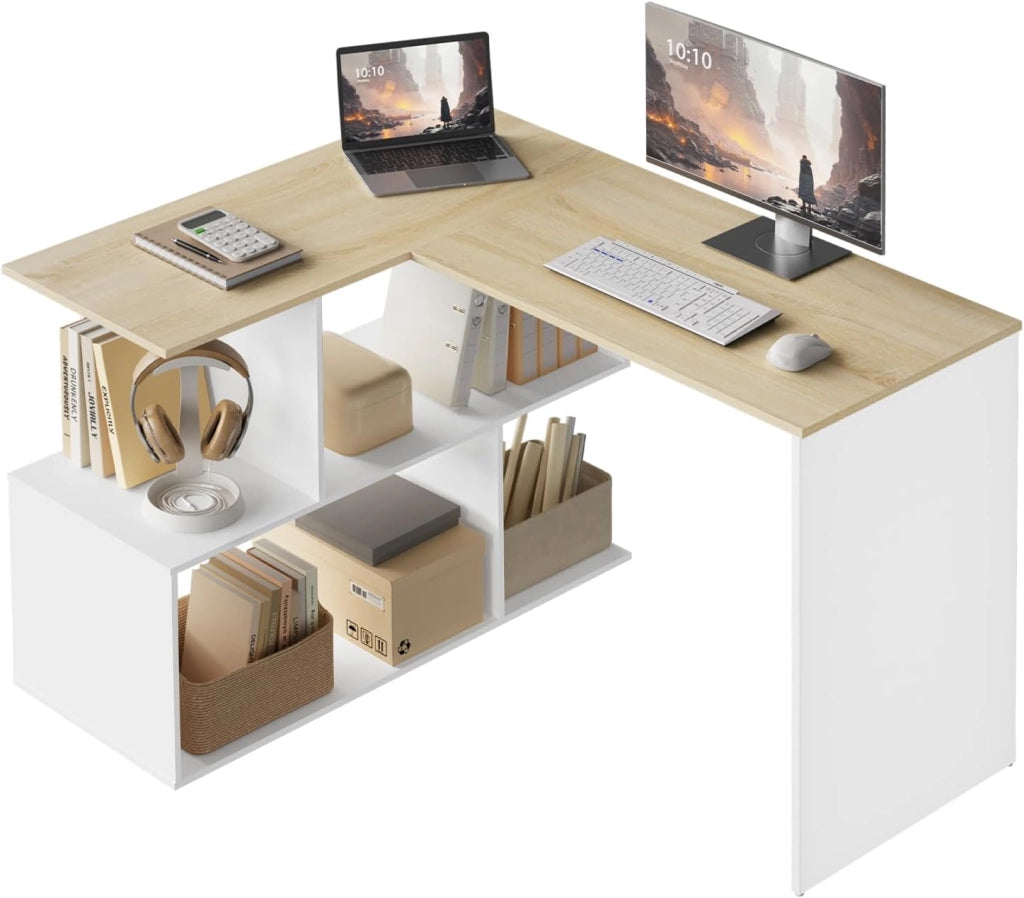 Scrivania Angolare, 120x100 cm Scrivania a Forma di L con Libreria, Bianco+Rovere Chiaro, Scrivania Ufficio per Computer, Tavolo da Lavoro, Studio and Soggiorno