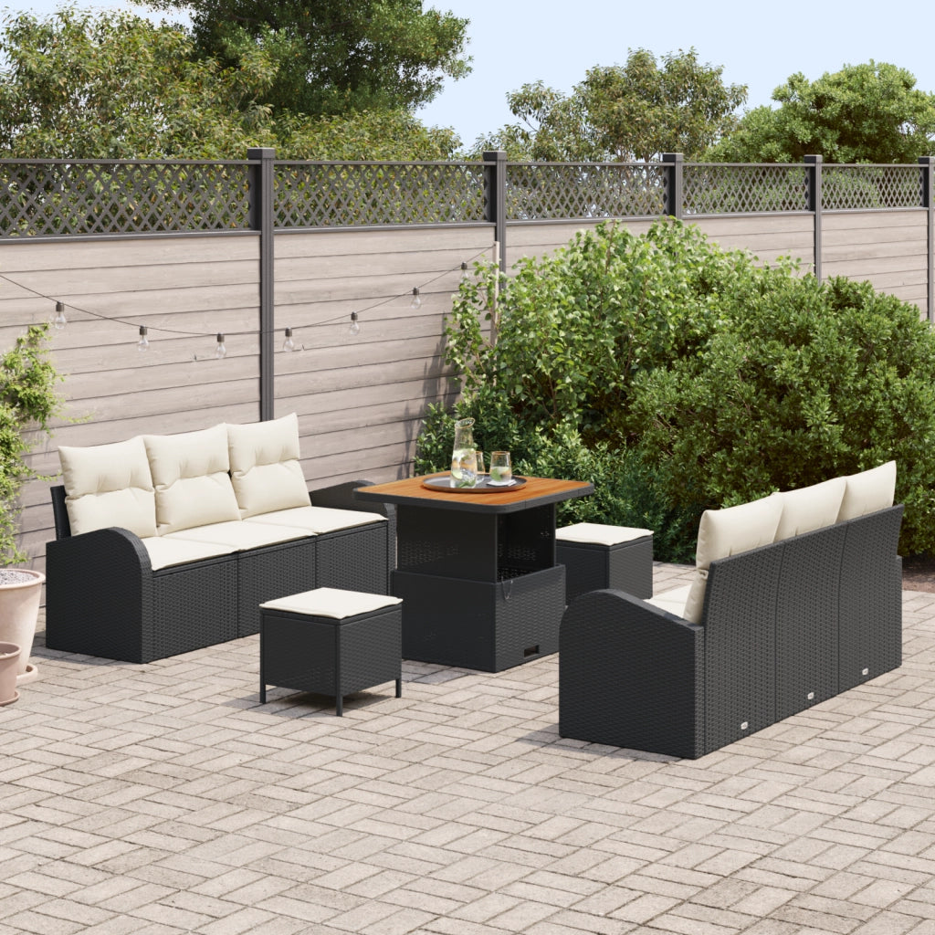 Set di divani da giardino 9 pezzi con cuscini neri polyrattan acacia