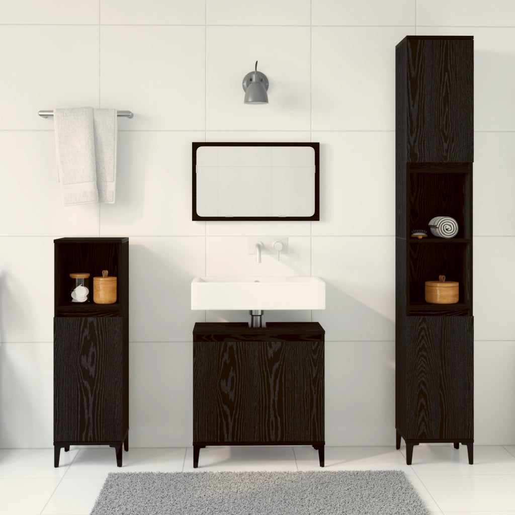 Set di Mobili per Bagno in 3 Pezzi Rovere Nero Legno Ingegnerizzato