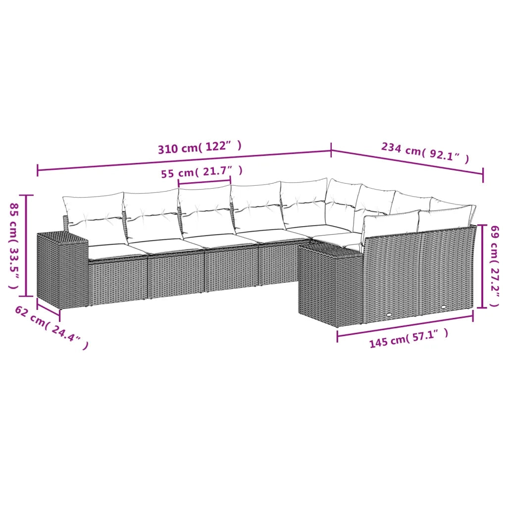 Set Divano da Giardino 9 pz con Cuscini Grigio in Polyrattan 3255377
