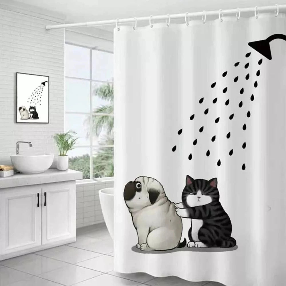 Trade Shop - Tenda Doccia Impermeabile 180x200 Cm Con 12 Anelli Vasca Bagno Cane Gatto 87093 -