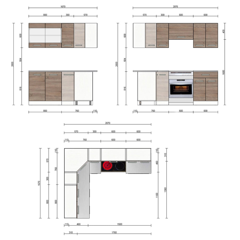 Cucina ad angolo Rick Sonoma/Bianco 207 x 60 cm, PL Marmo con striscia LED Vicco