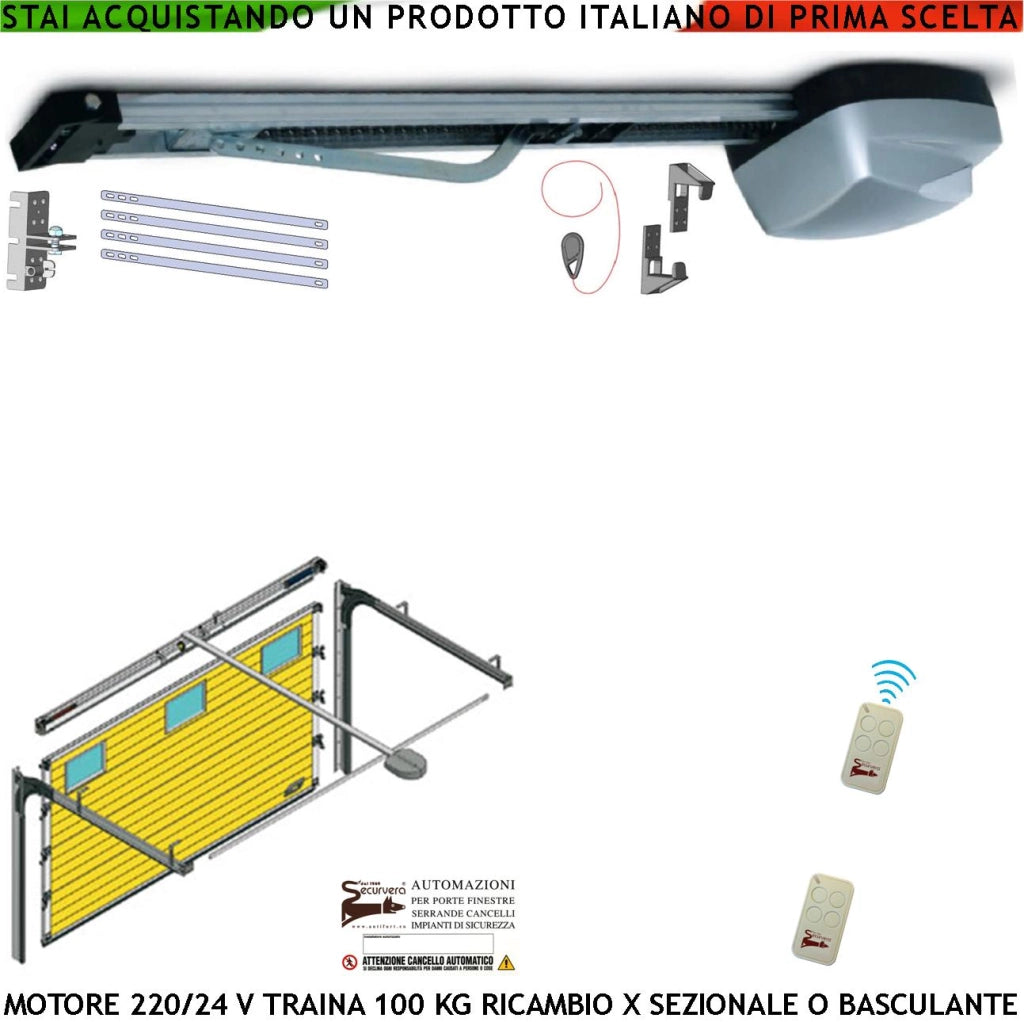 PORTA BASCULANTE O SEZIONALE 100 KG MOTORE 220/24 V AUTOMATISMO AUTOREVERSE 2 RADIOCOMANDI BINARIO 3 MT SBLOCCO INTERNO