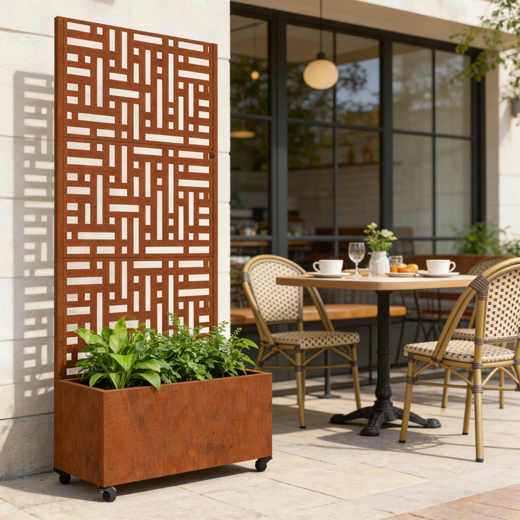 Fioriera con Spalliera Bernalda a 4 Rotelle 190 x 82 x 38 cm Acciaio Corten - Marrone Ossidato casa.pro