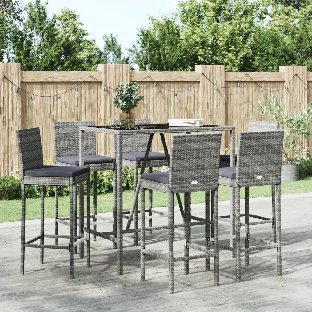 Set Bar da Giardino 7 pz con Cuscini in Polyrattan Grigiocod mxl 100661