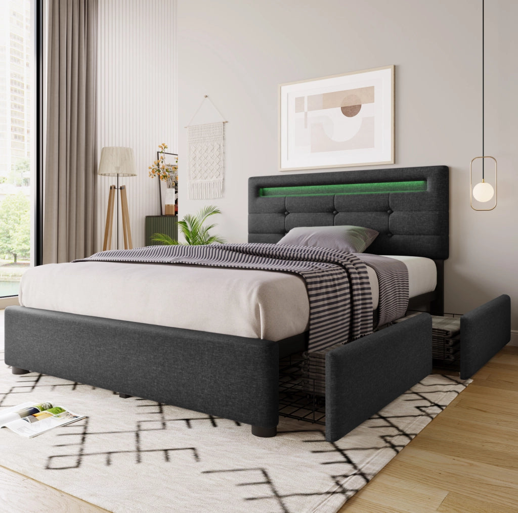 Letto singolo imbottito con LED e 2 cassetti; grigio; 90x200 cm