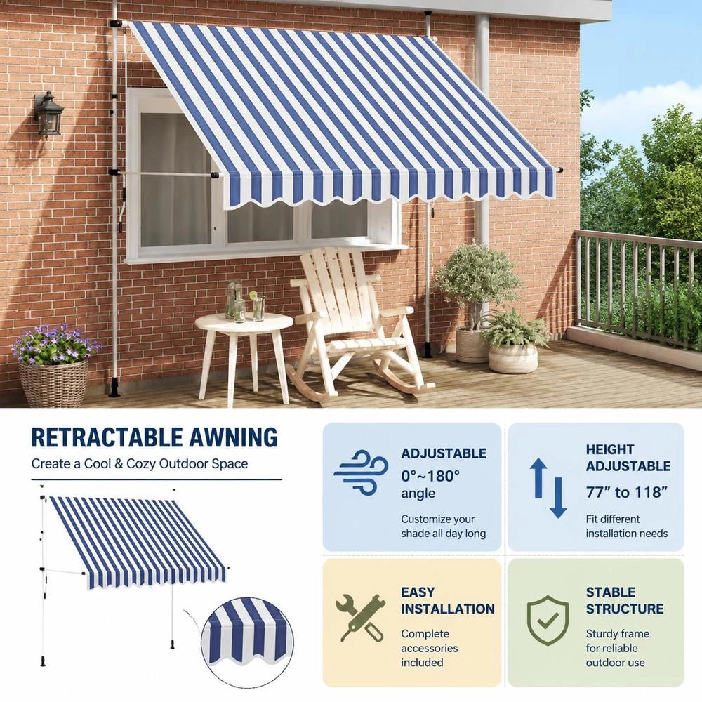 Retractable Awning, Manually Operated, 250 Cm, Blue/white Striped