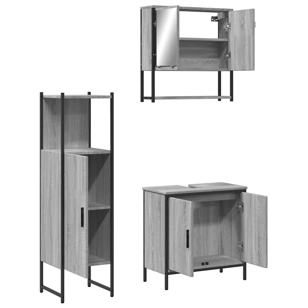 Set Mobili da Bagno | Armadio da bagno 3 pz Grigio Sonoma in Legno Multistrato