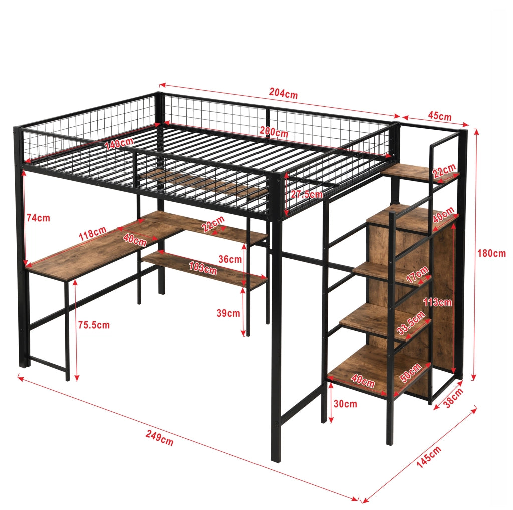 Letto a soppalco 140 x 200 cm con scrivania, armadio e scaffali