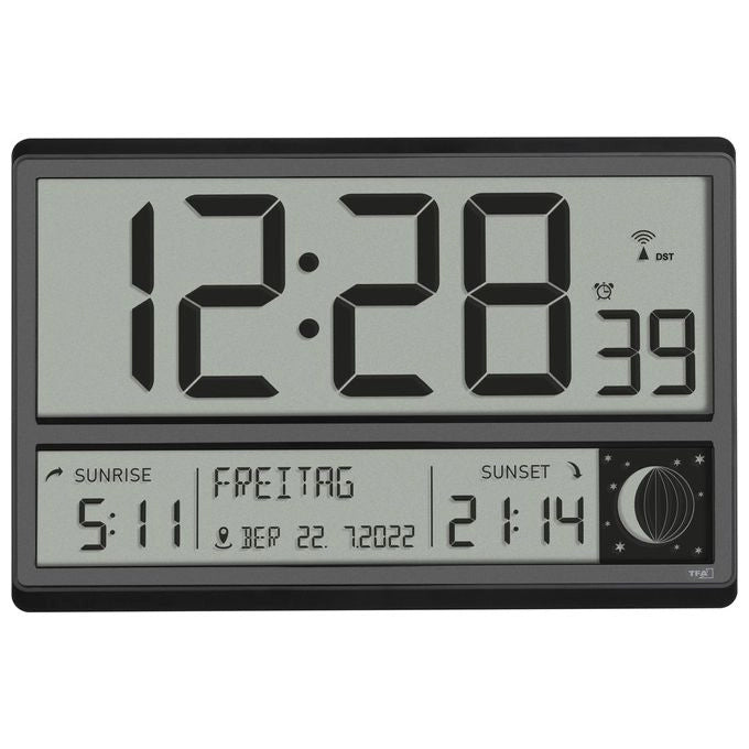 TFA-Dostmann 60.4524.01 Orologio da Parete Digitale Radiocontrollato con Display LCD Grande Fasi Lunari Alba Tramonto 158 Citta' colore Nero