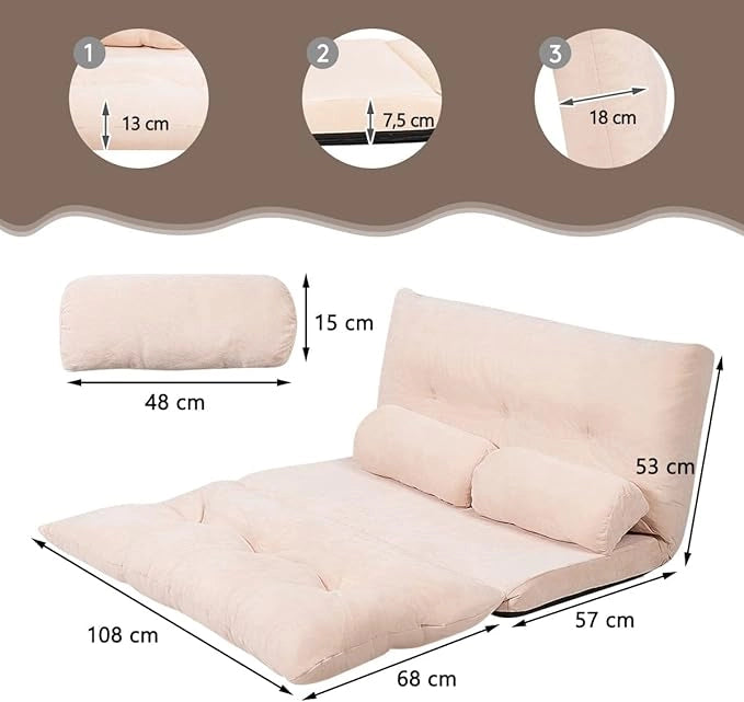 Divano da Terra, Divano Letto Multifunzionale Regolabile in 6 Posizioni con 2 Cuscini, con Fodera in Camoscio per Camera da Letto Salone Balcone (Beige)