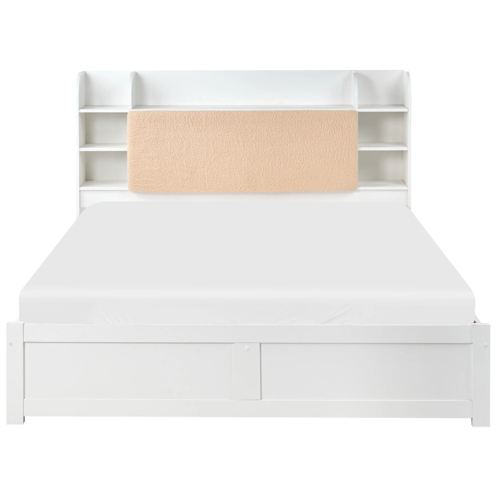 Letto matrimoniale in legno di pino MDF minimalista con contenitore 4 cassetti e ripiani testiera in bouclé bianco con rete 160 x 200 cm