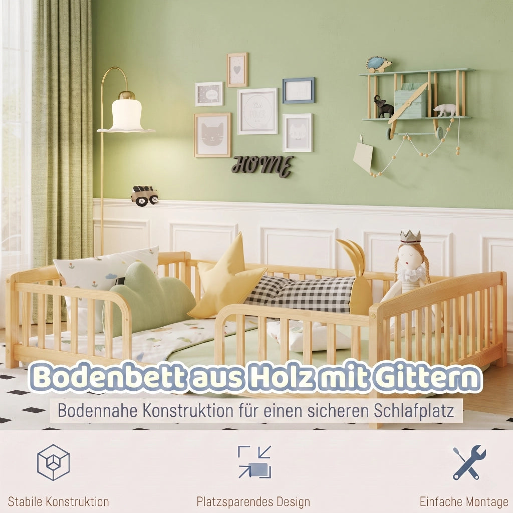 Letto per bambini 140 × 200 cm con barriera di sicurezza e ingresso centrale, senza materasso, in pino, naturale