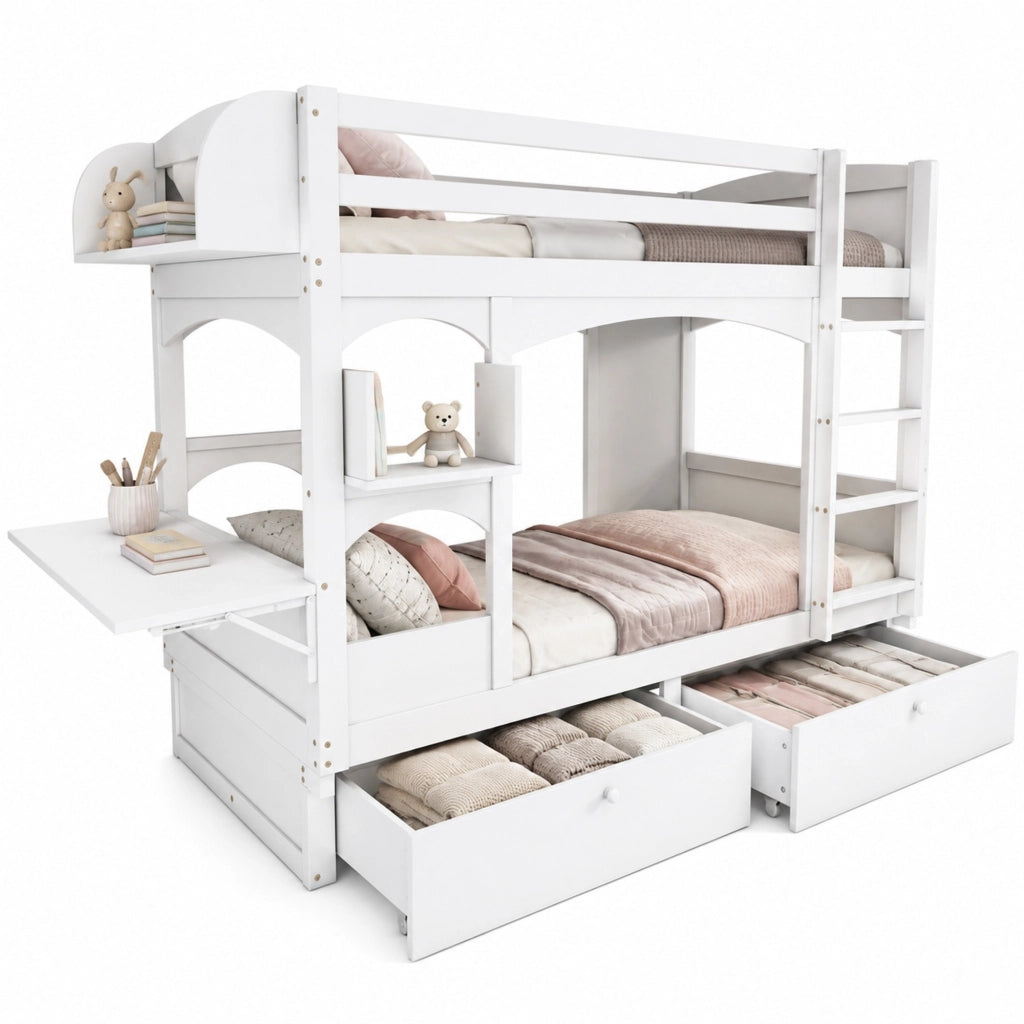 Letto a soppalco per bambini in legno massiccio con scrivania pieghevole, mensola, 2 cassetti e scala, bianco, 90x200 cm