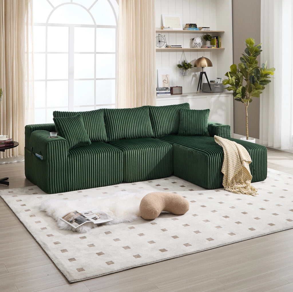 Divano modulare con chaise longue e 2 posti; in corduroy verde smeraldo; 257×160×62 cm