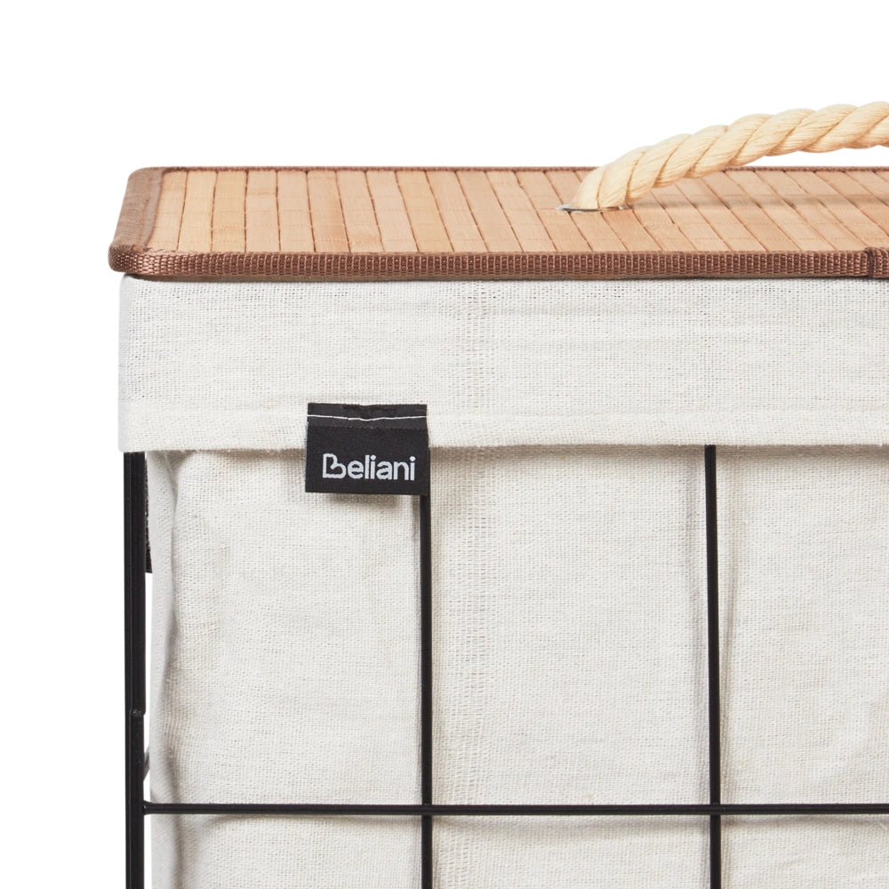 Cesto portabiancheria in metallo con coperchio rimovibile in bambù nero e legno chiaro stile moderno