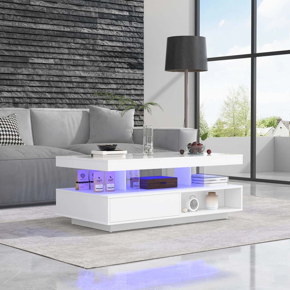 Tavolino da Salotto con Cassetti e Vetro ¨C MINIMAL ¨C Bianco Lucido 95x50x42,5 cm