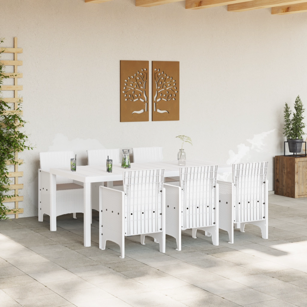 Set da Pranzo da Giardino 7 Pezzi con Cuscini Bianco Polyrattan